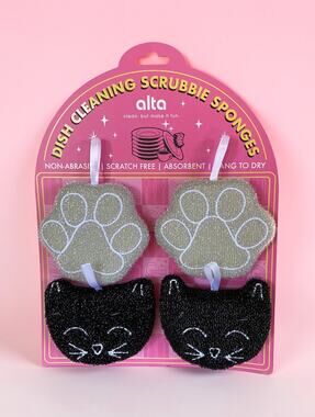 NEW Alta Gray Paws & Black Cat Kitchen Scrubbie Sponges Set of 4 Scratch Free
